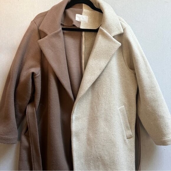 Oak + Fort 2 neutral tone wool blend belted trench jacket coat Sz O/S - Picture 7 of 13